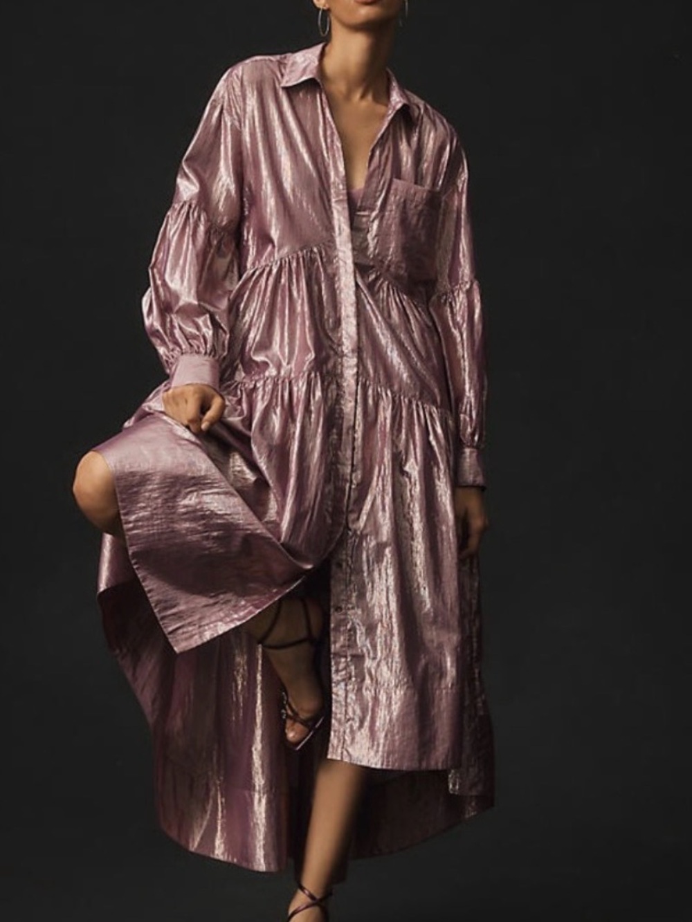 Anthropologie Metallic Dusty Rose High-Low Tiered Shirt Dress